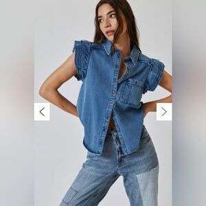 Anthropologie Pilcro Ruffle Button Down Denim Blouse Sz Small EUC